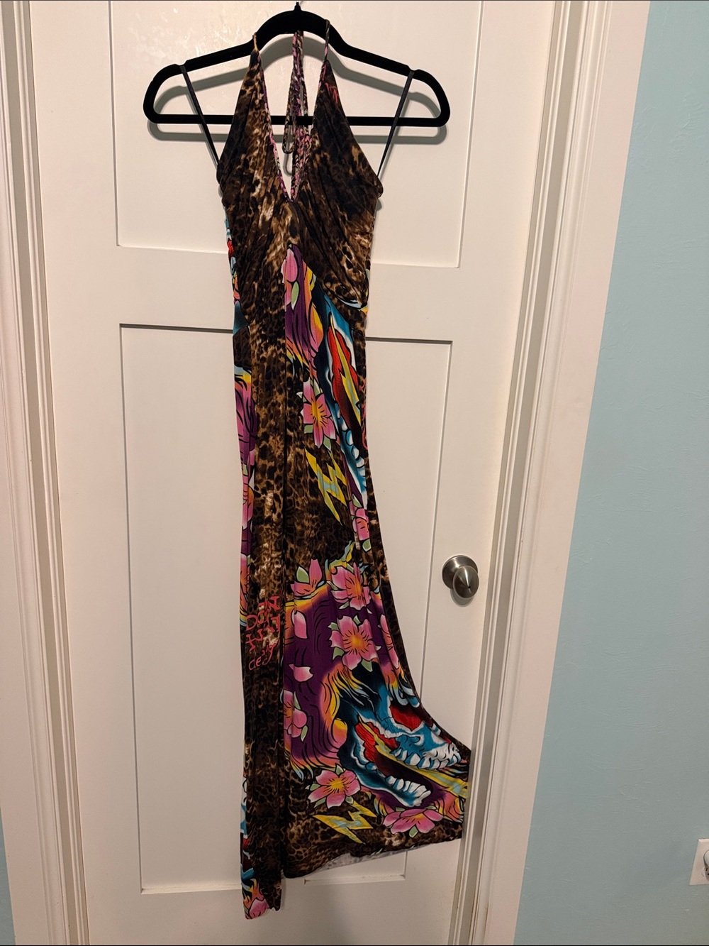 Ed Hardy Brown Leopard & Multicolor Floral Halter Maxi Dress